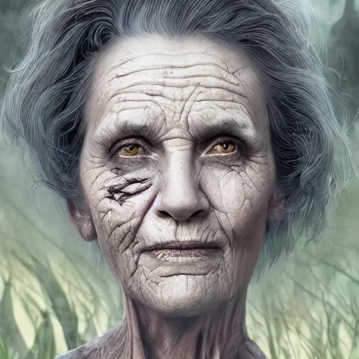 Image similar to fantasy portrait of an energetic old woman with silky, cloudy grey hair, black scars on her face, swamp vegetation in the background, nocturnal palette, art by greg rutowski, raphael lacoste, eddie mendoza, artgerm, trending on artstation