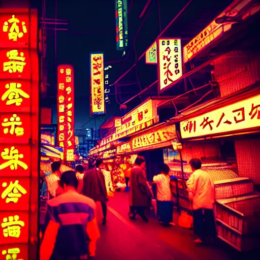 Image similar to japanese market in cyberpunk style with droids, bright neon signs, sunny weather, rendered in octane 4 k, dramatic moody lighting