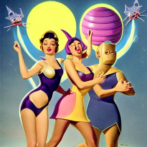 Prompt: Intergalactic Beauty Pageant with alien extraterrestrial females with big grey heads and large purple eyes and antennae, in swimsuits, concept art by Gil Elvgren,