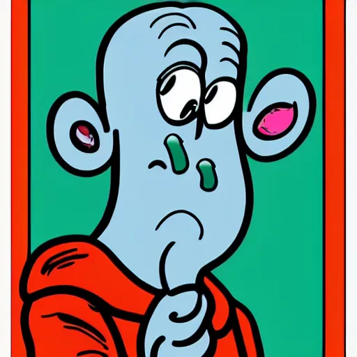 Image similar to handsome squidward as male, detailed cartoon lines, pop art style, portrait, detailed painting