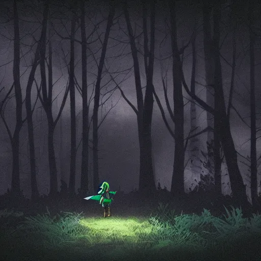 Image similar to Link from Legend of Zelda walks alone through the woods at night, gloomy, dark, foggy, night, ominous, dark color, atmospheric, cinematic lighting, intricate detail?