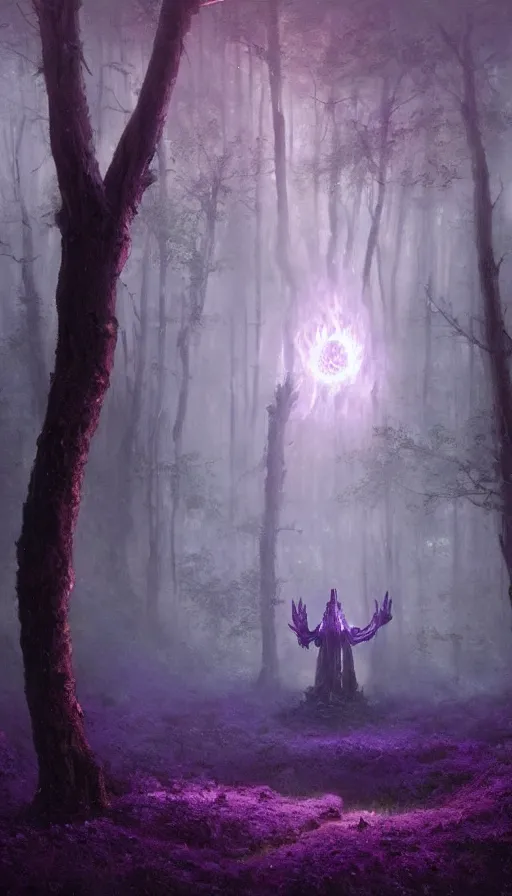 Image similar to Hyper realistic oil painting of a future sci-fi ancient god on the middle of a forest with a lot of purple trees holding a portal that's about to explode, fog, volumetric lighting, nighttime, moonlight, by Greg Rutkowski and Diego Velázquez