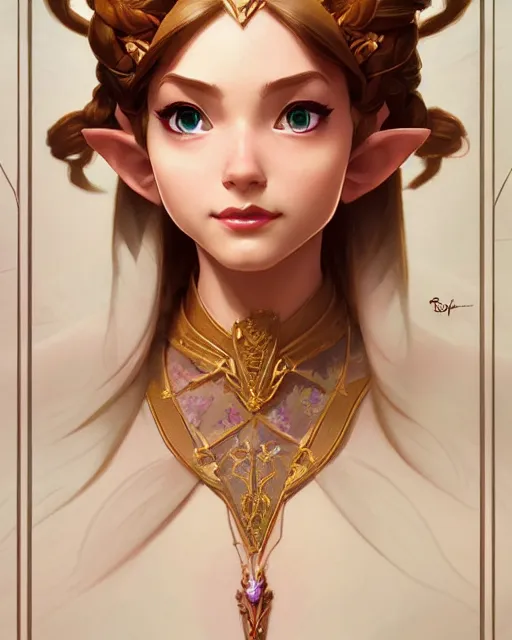 Image similar to portrait of disney zelda, intricate, elegant, highly detailed, my rendition, digital painting, artstation, concept art, smooth, sharp focus, illustration, art by artgerm and greg rutkowski and alphonse mucha and uang guangjian and gil elvgren and sachin teng, symmetry!!