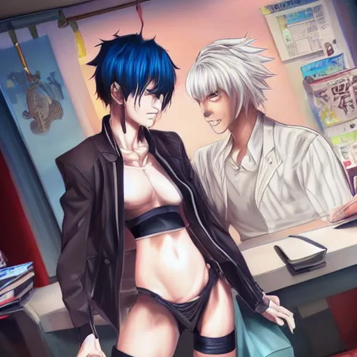 Prompt: aloof anime man with emo hair wearing jock clothes, standing in headmistress's office, smug grin, smug expression, punchable expression, punchable face, sharp details, subsurface scattering, intricate details, art by artgerm, anime, anime hd wallpaper, 2 0 1 9 anime screenshot