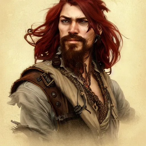 Image similar to portrait of a young rugged pirate, male, masculine, upper body, red hair, long hair, d & d, fantasy, intricate, elegant, highly detailed, steampunk, airship, digital painting, artstation, concept art, matte, sharp focus, illustration, art by artgerm and greg rutkowski and alphonse mucha