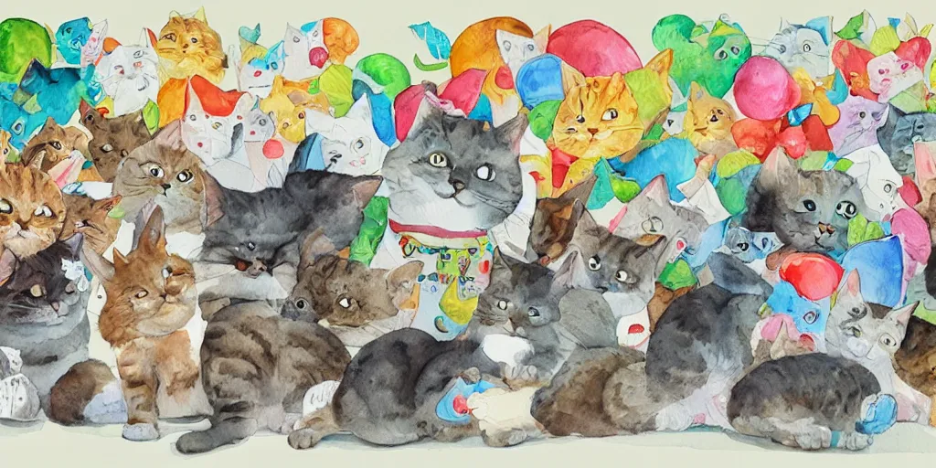 Image similar to group of funny cats select a different type of project before start design production, watercolor illustration