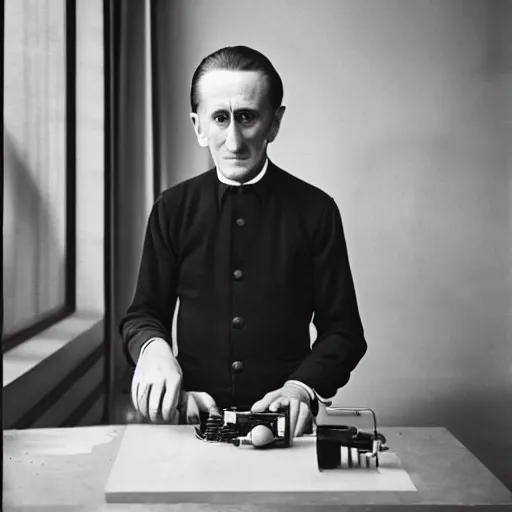 Prompt: Kodachrome portrait of Marcel Duchamp with an technologival machine, archival pigment print in the style of Hito Steyerl, studio shooting, contemporary art