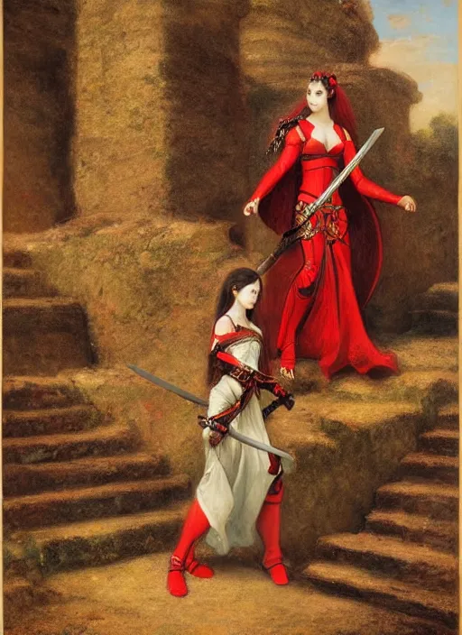 Image similar to woman in dark and red princess dragon armor, she is holding a katana sword, walking on the mystical ancient ruins. by william henry hunt