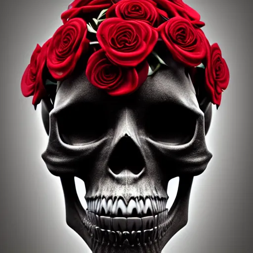 Prompt: skull made of red roses, organic horror, devil, death, giger, epic, baroque, art nouveau, james jean, photorealistic render, 3 ds max + v - ray, extremely detailed and intricate, center composition, elegant, vfx, unreal engine 5, octane render, extremely contrast, extremely sharp lines