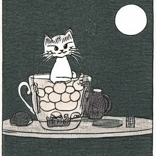 Prompt: cats drinking cups of coffee, in the style of Japanese illustration, Maurice Sendak, Tove Jansson