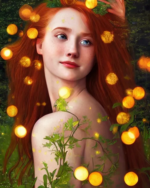 Prompt: a happy young woman looking over shoulder, intricate detailed dress, among the lights of golden fireflies, sitting in the midst of nature, long loose red hair, bright green eyes, small nose with freckles, triangle shape face, smiling, dreamy scene, golden ratio, high contrast, photo realistic digital art by caravaggio and artgerm.