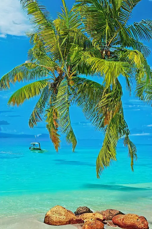 Image similar to beckoning palms lean over crystal clear water turquoise beautiful day hawaiian beach summer style by scott westmoreland