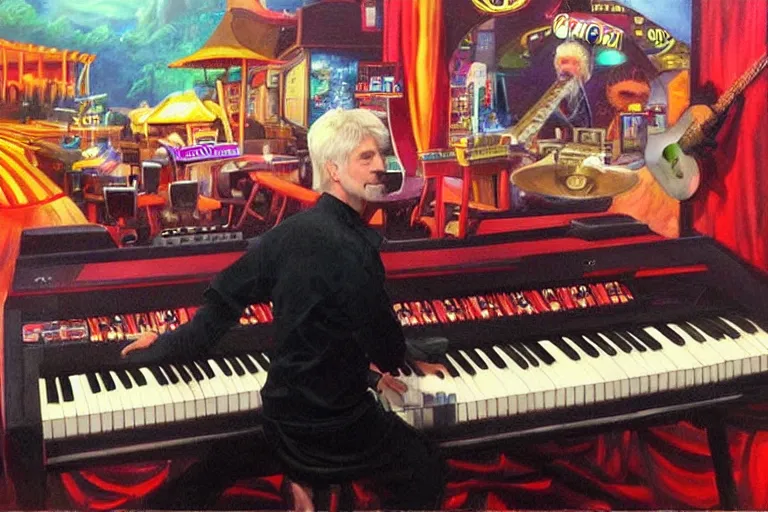 Image similar to portrait of michael mcdonald playing keyboard on stage at chuck e cheese, an oil painting by ross tran and thomas kincade