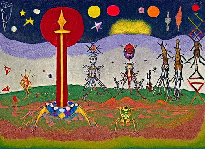 Image similar to pixel decollage painting tarot lovers card composition tower of babel road red armor wonky alien frog and maggot vampire clown knight on a skeleton pale horse in a dark green cloudy night sky with golden foil jewish stars and diamonds, mountain lake and blossoming field in background, painted by Mark Rothko, Helen Frankenthaler, Danny Fox and Hilma af Klint, pixelated, neo expressionism, semi naive, pastel colors, cinematic, color field painting, cave painting, voxel, pop art look, outsider art, minimalistic. Bill Traylor painting, part by Philip Guston, Amano and Francis Bacon. art by Adrian Ghenie and Storm Thorgerson, very coherent symmetrical artwork, cinematic, hyper realism, high detail, octane render, unreal engine, Smooth gradients, depth of field, full body character drawing, extremely detailed, 8k, extreme detail, intricate detail, masterpiece