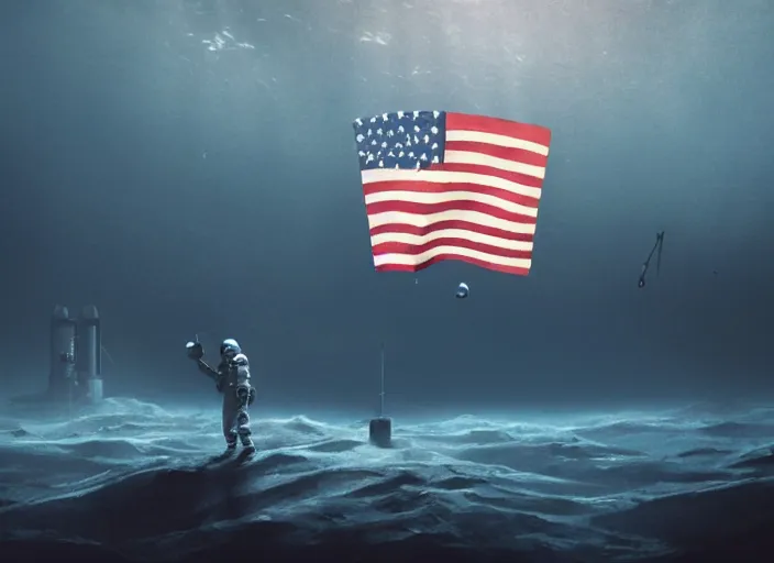 Image similar to astronaut holding a flag in an underwater desert. a submarine is visible in the distance. dark, concept art, cinematic, dramatic, atmospheric, 8 k, trending on artstation, blue, fish, low visibility, fog, ocean floor, christopher nolan, interstellar