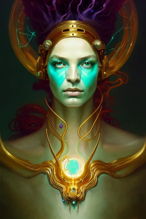 Image similar to portrait, bioluminescent druid, cyberpunk, elegant baroque, asymmetrical art, hyperrealism, colorful, vivid, imposing, epic, abstract texture, gold leaf texture, artstation, concept art, by peter mohrbacher and wlop and rhads and artgerm and magali villeneuve and alphonse mucha