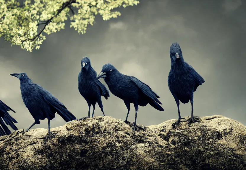 Prompt: a 4k render of a 3 crows wearing tiny blue wizard hats, standing on a rock, warm natural lighting, under the soft shadow of a tree, slight haze