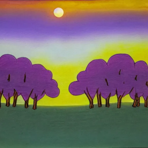 Image similar to a landscape with a purple sun with cotton candy trees flying ducks