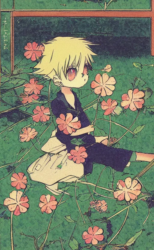 Prompt: by akio watanabe, manga art, a clover on the ground, sunny day, trading card front