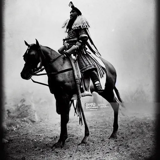 Image similar to white and black 1 8 0 0 photography of gengis khan on his horse after the conquest of china, realistic, foggy, china, post - apocalyptic, photo, photograph, high detailed, camera