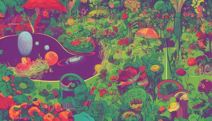 Image similar to the garden at the end of the universe, trippy, mind - bending, tom whalen, mark ryden, chip zdarsky, art station