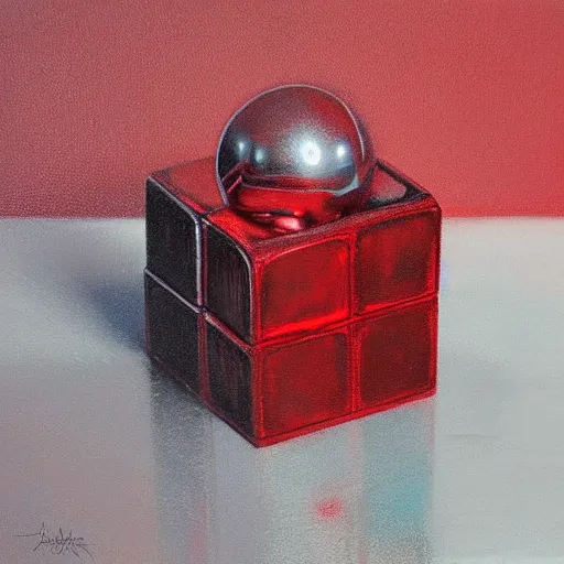 Prompt: chrome spheres on a red cube by linnea strid