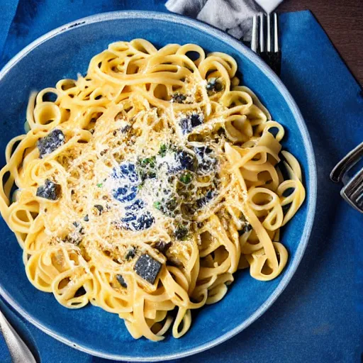 Prompt: a professional photo of blue moon pasta with moon chunks