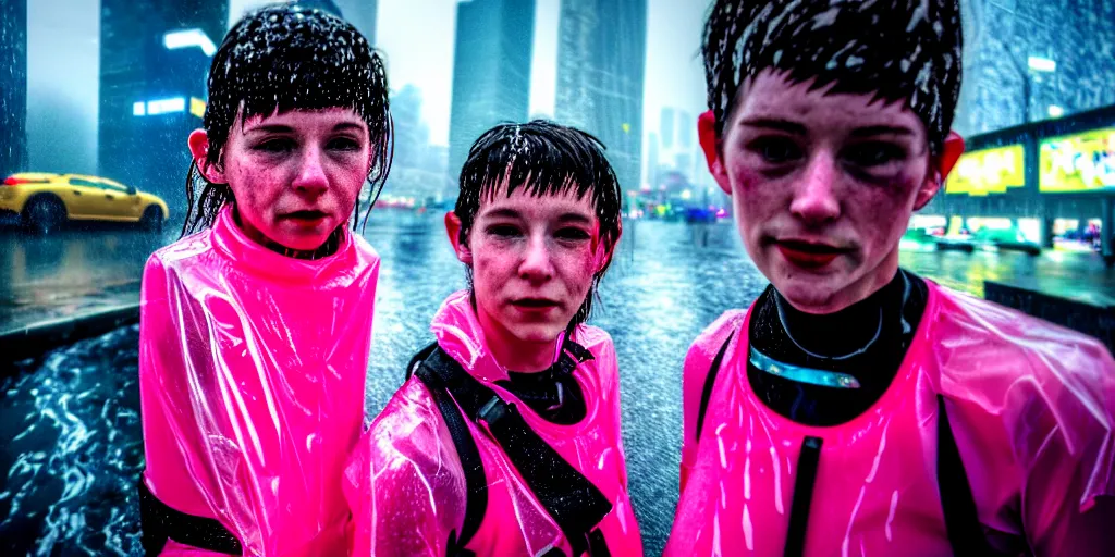 Image similar to cinestill 5 0 d candid photographic portrait by helen levitt of two cyborgs wearing rugged neon pink mesh techwear in treacherous waters, extreme closeup, modern cyberpunk moody depressing cinematic, pouring rain, 8 k, hd, high resolution, 3 5 mm, f / 3 2, ultra realistic faces, ex machina