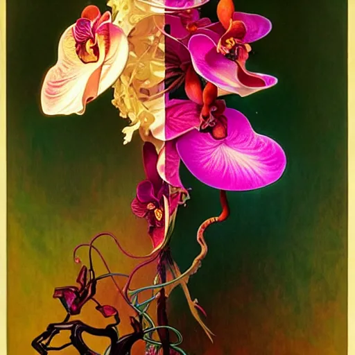 Prompt: surreal psychedelic orchid hybrid, bright diffuse lighting, art by collier, albert aublet, krenz cushart, artem demura, alphonse mucha