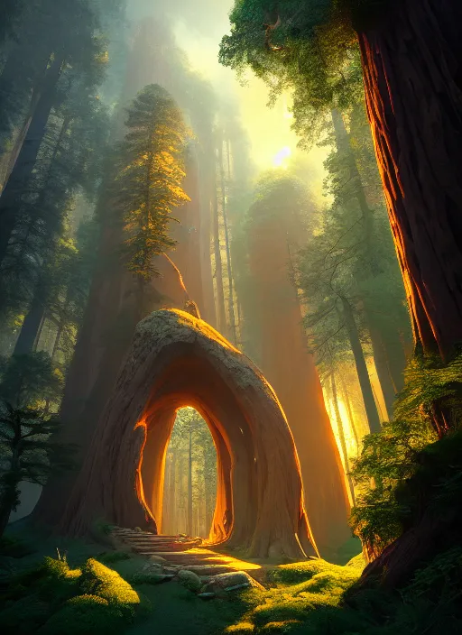 Image similar to random mystic sequoia forest giant house close - up fabulous portal, incredible, vector art, octane render, fabulous, hyper detailed, random cinematic view, no noise, global illumination, warm lighting, volumetric, godrays, vivid, beautiful, by jordan grimmer