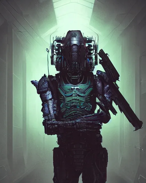 Image similar to Sci-Fi Crocodile hero alien, armored, art by Kashin, Wadim, Martinière, Stephan, holding rifle, sharp focus, pitch black infested Spaceship hallway, dark light, soft purple glow, heroic pose, sci-fi artwork, octane render, dead space artwork, cyberpunk, warm light, occult, magical, volumetric lighting, 8k high definition, highly detailed, trending on art Station, centered, by Greg Rutkovski, sci-fi artwork, arnold render