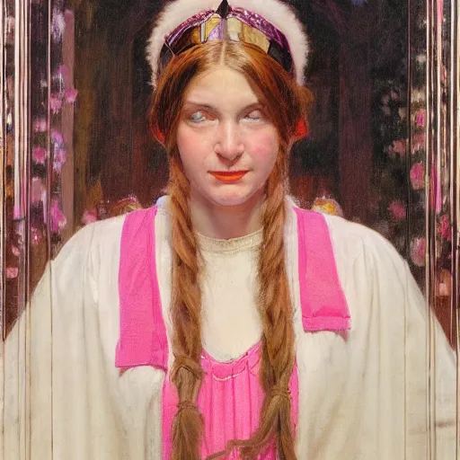 Image similar to a frontal portrait of a young priestess, dressed in white and pink, ( so happy, her face hurts ), by donato giancola and norman rockwell.