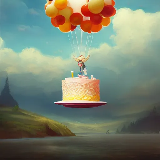 Image similar to a giant floating cake suspended to plenty of floating birthday balloons. beautiful landscape. digital art, highly - detailed, artstation cgsociety masterpiece