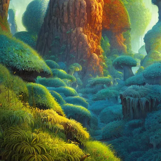 Image similar to digital painting of a lush natural scene on an alien planet by gerald brom. ultra sharp high quality digital render. detailed. beautiful landscape. colourful weird vegetation. cliffs and water.