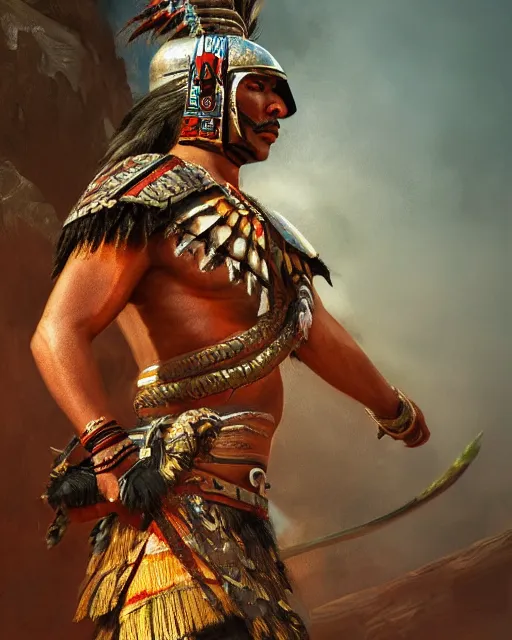 Image similar to Aztec warrior, strong, portrait, intricate, detailed, feathers, volumetric lighting, scenery, digital painting, highly detailed, artstation, sharp focus, illustration, concept art, ruan jia, steve mccurry