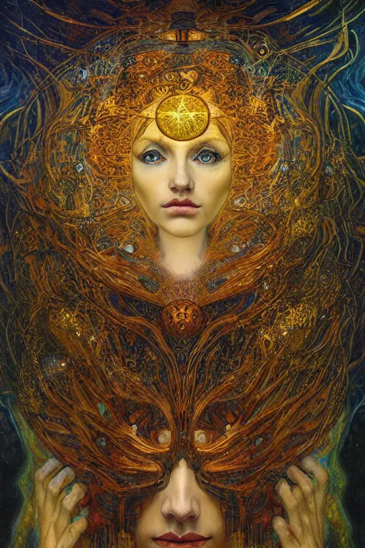 Prompt: Divine Chaos Engine by Karol Bak, Jean Deville, Gustav Klimt, and Vincent Van Gogh, beautiful visionary mystical portrait, sacred, otherworldly, fractal structures, surreal, dreamscape, ornate gilded medieval icon, third eye, spirals