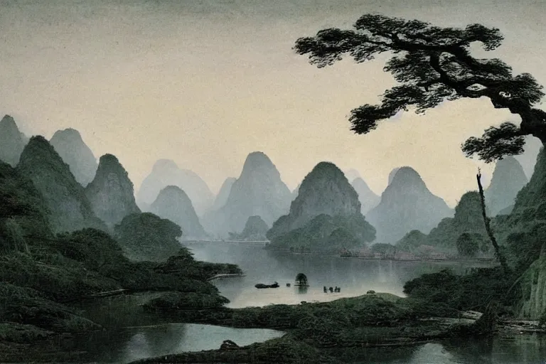 Prompt: white eastern dragon swimming in the river, guilin, by caspar david friedrich