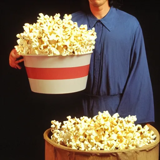 Prompt: jesus holding a big bucket of popcorn