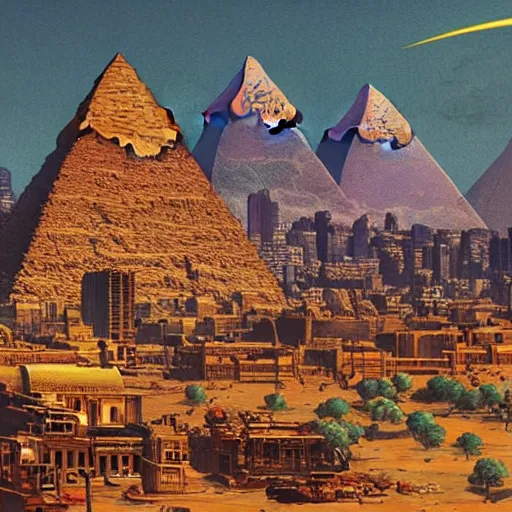 Image similar to cyberpunk city in egypt with the pyramids in the back artstation, intricate, highly detailed, digital painting, concept art, sharp focus, illustration by Jean Claude Mézières and Ivan Bilibin