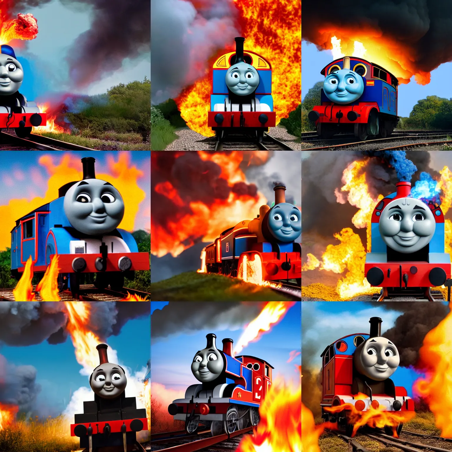 Prompt: detailed photo of thomas the tank engine with a fiery explosion behind him, smoke billowing into the sky