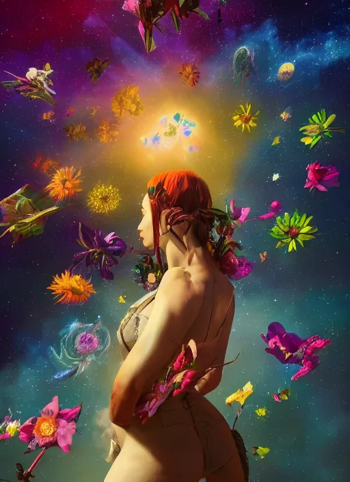 Image similar to An epic fantastic realism comic book style painting of the most beautiful flying flowers launched across the dark and starry galaxy, floating bouquets, fisheye, unreal 5, DAZ, hyperrealistic, octane render, dynamic lighting