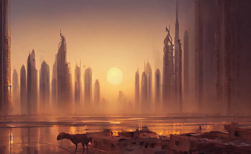 Image similar to painting of skyline of dubai at sunset, natural light, concept art, by greg rutkowski, cozy atmospheric and cinematic lighting