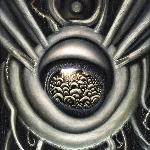 Prompt: peer into the depths of the endless cosmic void, shine a light on your darkest terror. hr giger, oil on canvas, photographic hyperrealism