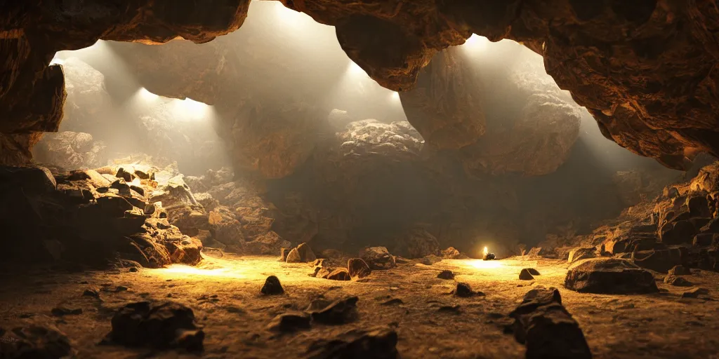 Image similar to mechanoids mining resources in a cave with minimal lighting in the style of thomas cole, cinematic lighting, raytracing, 8 k, octane render, volumetric, vivid, beautiful, hyperrealism