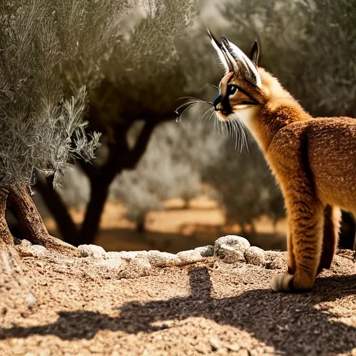 Image similar to a cinematic film still of a claymation stop motion film starring cute fluffy caracal near wooden barrel, ancient greek city, olive trees, shallow depth of field, 8 0 mm, f 1. 8