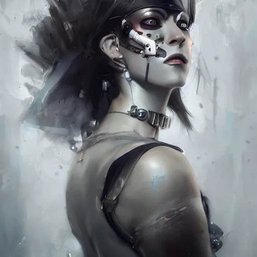 Image similar to a woman with white and black makeup and mechanical parts on her face, cyberpunk art by bastien lecouffe - deharme, trending on cgsociety, fantasy art, artstation hd, artstation hq, zbrush,