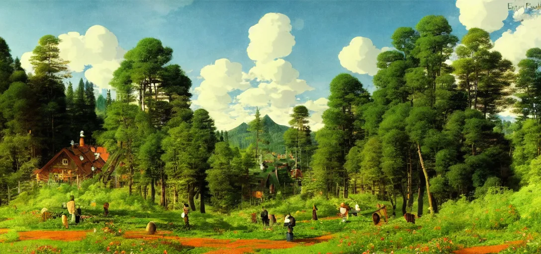 Image similar to ghibli illustrated background of strikingly beautiful swedish farm, the fealds and forests in the background by vasily polenov, eugene von guerard, ivan shishkin, albert edelfelt, john singer sargent, albert bierstadt 4 k