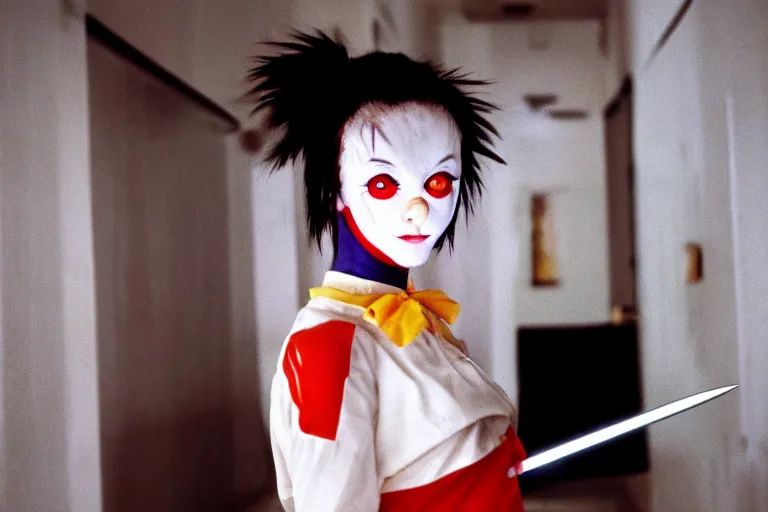 Prompt: anime clowngirl in porcelain hallway holding knife, in 2 0 5 5, y 2 k cutecore clowncore, low - light photography, bathed in the glow of a crt monitor, still from a ridley scott movie