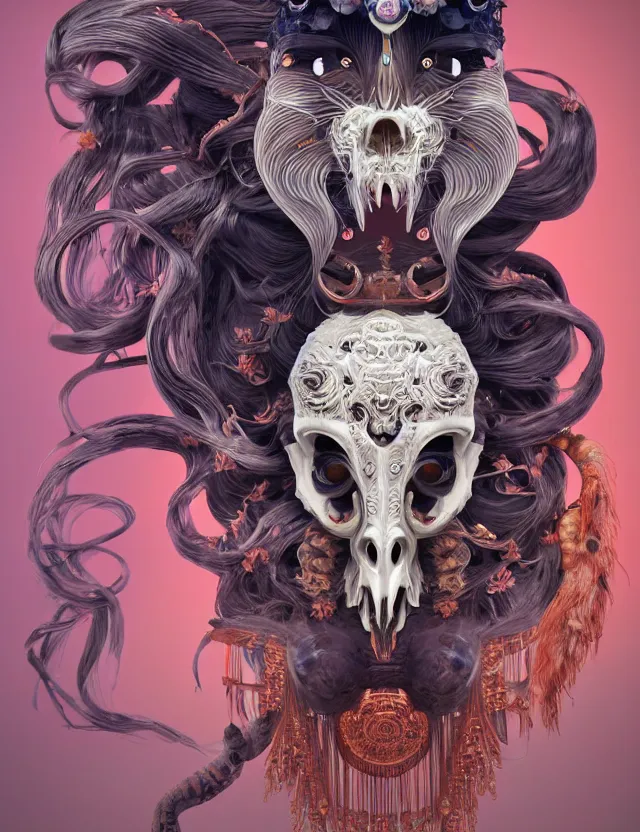 Image similar to 3 d goddess ram skull half - turn portrait with long hair with ram skull. beautiful intricately detailed japanese crow kitsune mask and clasical japanese kimono. betta fish, jellyfish phoenix, bio luminescent, plasma, ice, water, wind, creature, artwork by tooth wu and wlop and beeple and greg rutkowski