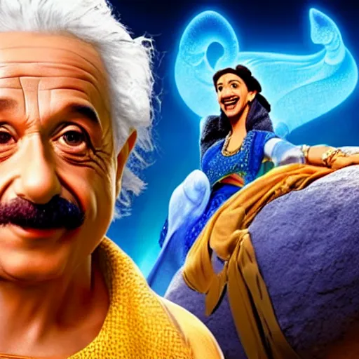 Image similar to albert einstein as genie with blue skin in the movie aladdin, movie still 8 k hdr atmospheric lighting